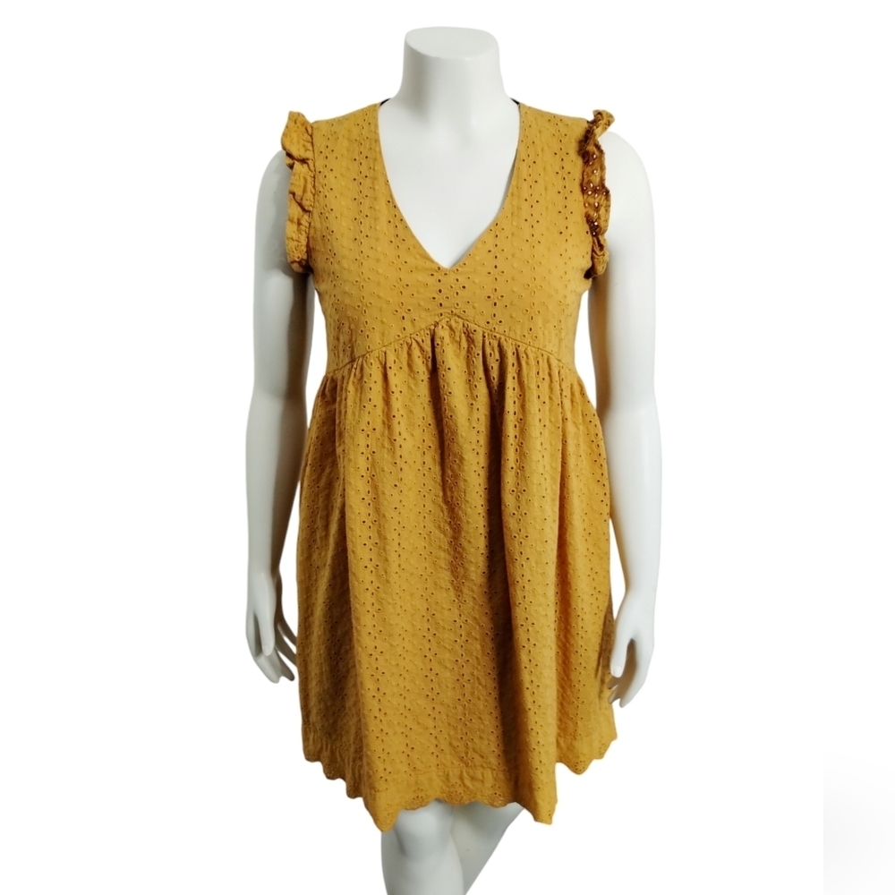 Knox Rose Womens Medium Dress Mustard Ruffle Short Sleeve Eyelet‎ Cottagecore •